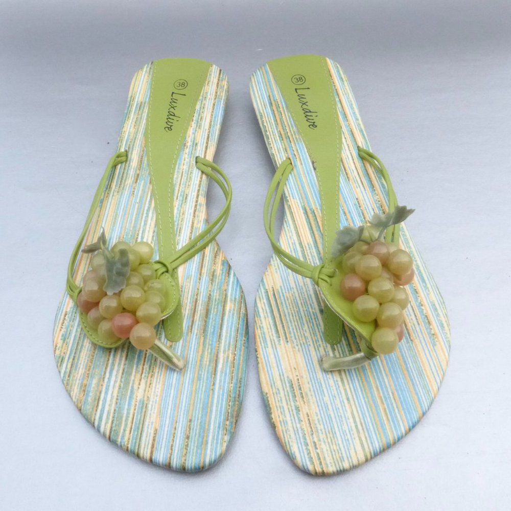 Green Sandals Italian Slip Ons Slippers Thong Sz 7